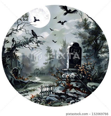 A graveyard scene with a tombstone and a tree A graveyard scene with a tombstone and a tree 132069766