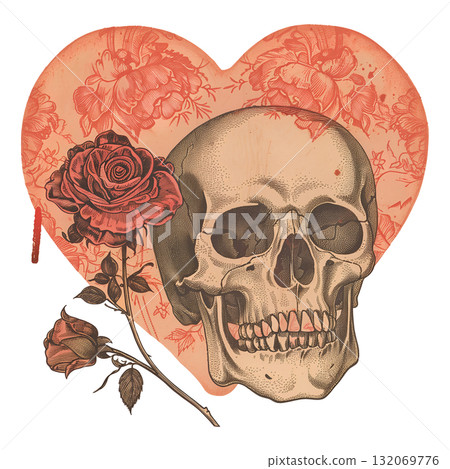 Vintage retro illustration of skull with heart Vintage retro illustration of skull with heart 132069776
