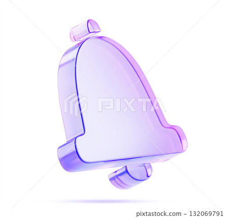 Notice, alert 3d icon - glass holographic bell. Symbol of notification or message on social networks for mobile app or web interface. Crystal handbell with blue purple neon gradient. 3D illustration Notice, alert 3d icon - glass holographic bell. Symbol of notification or message on social networks for mobile app or web interface. Crystal handbell with blue purple neon gradient. 3D illustration 132069791