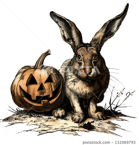 Vintage illustration of a rabbit with pumpkin for Halloween Vintage illustration of a rabbit with pumpkin for Halloween 132069793