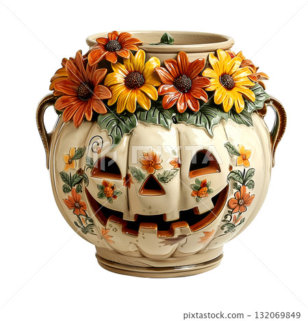 A pumpkin pot with a flowers retro cut out illustration 132069849