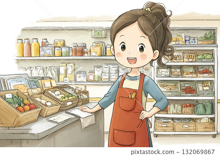 Miyu Series: Miyu changes into an apron and prepares the store in the back of the supermarket 132069867