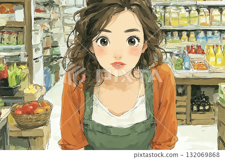 A scene in which Miyu, wearing an apron, is preparing for opening in the back of a supermarket. 132069868