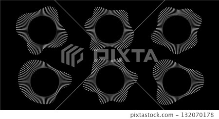 Circular sound waves. Abstract circular lines pattern. Music audio bursts. Ring of thin rays with wavy silhouette. Radial spectrum design. White geometric waveform vector set isolated on black 132070178