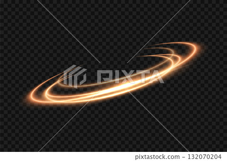 Golden light neon glow swirl background. Gold light glowing circle line of neon effect. Shiny spiral spin ring with flare and flash. Vector illustration of glitter sparkle swirl trail effect on black 132070204