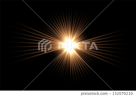 Shine light with flash effect. Golden glow star glared on black background. Bright sparkling vector illustration. Flash of light with ray beams in space. Abstract sunshine sparkle glare Shine light with flash effect. Golden glow star glared on black background. Bright sparkling vector illustration. Flash of light with ray beams in space. Abstract sunshine sparkle glare 132070210