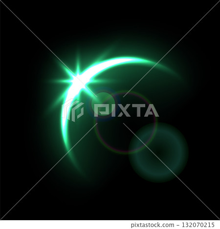 Solar eclipse overlay effect on black background vector illustration. Neon green blazing star edge behind planet in dark sky or space, sunrise in cosmos 132070215
