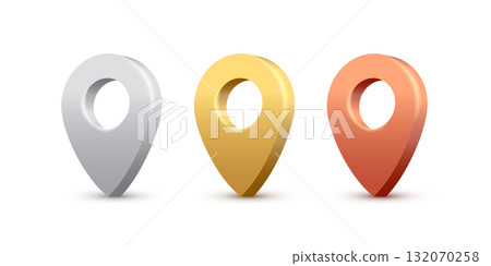 Map pins set. 3D golden, silver and bronze pointers isolated on white background. Location symbols in various angles and colors. Realistic vector illustration 132070258