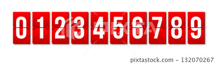 Flip countdown numbers set. Red flipboard display with numbers from 0 to 9 isolated on white background. Vector illustration in design of old-fashioned analog scoreboard or airport departure board 132070267