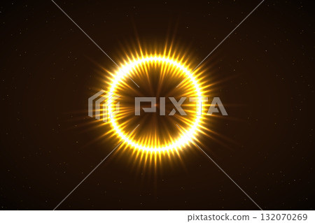 Solar eclipse with lights flares. Sun eclipse with glowing golden corona and radiant light flares in space. Darkened planet with bright shine. Abstract vector illustration 132070269