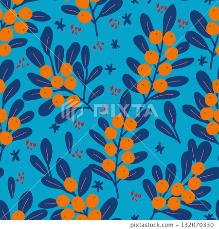 Floral brush strokes seamless pattern design. Sea buckthorn vector illustration for fashion textile, graphics, backgrounds and crafts Floral brush strokes seamless pattern design. Sea buckthorn vector illustration for fashion textile, graphics, backgrounds and crafts 132070330