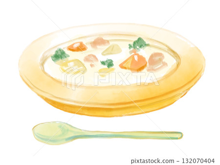 Hand-drawn watercolor illustration of a fresh, warm, delicious-looking cream stew and spoon 132070404