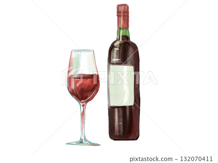 手繪水彩插圖，描繪了一杯紅酒和一瓶酒 132070411