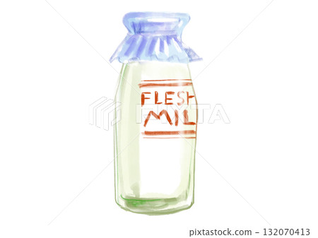 Hand-drawn watercolor illustration of milk in a milk bottle commonly found in public baths 132070413