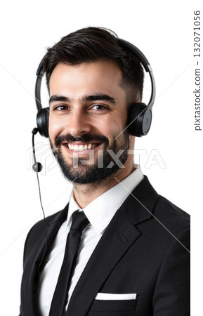 Agent Headset Smiling. A Caucasian man with short dark hair and a beard, wearing a black suit, white shirt, black Agent Headset Smiling. A Caucasian man with short dark hair and a beard, wearing a black suit, white shirt, black 132071056
