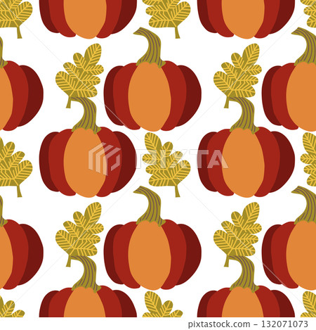 Vector hand drawn Halloween seamless pattern with fall leaves and pumpkins. 132071073