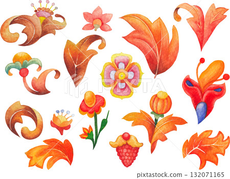 Watercolor medieval floral elements in red and ochre tones, isolated on white background. Watercolor medieval floral elements in red and ochre tones, isolated on white background. 132071165