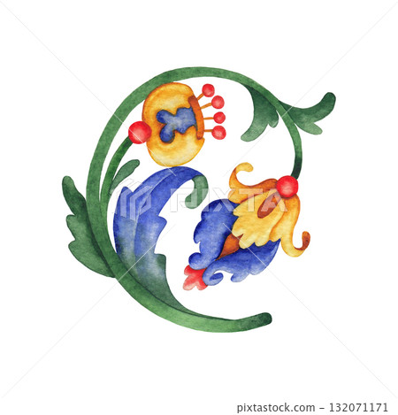 Elegant hand-painted watercolor ornament composed of leaves and flowers, inspired by medieval botanical motifs. 132071171