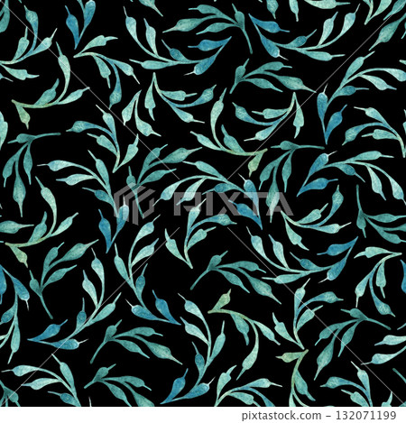 Delicate seamless watercolor pattern with branches and leaves, inspired by medieval miniatures and natural botanical motifs Delicate seamless watercolor pattern with branches and leaves, inspired by medieval miniatures and natural botanical motifs 132071199