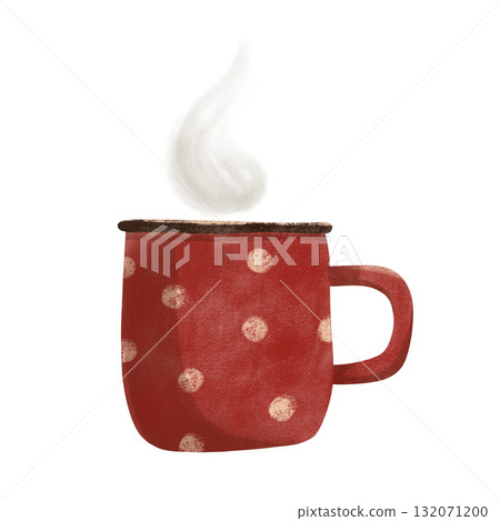 Cozy autumn illustration with a red polka-dot mug and steam. Perfect for seasonal decor, kids' books, or cozy designs. Watercolor pastel texture Ideal for cards, prints, and crafts 132071200