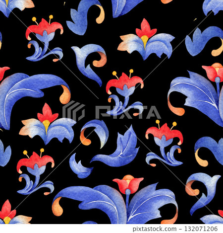 Seamless watercolor pattern with curly blue leaves and red flowers, inspired by medieval botanical ornaments. 132071206
