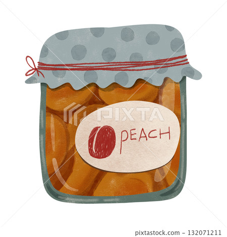 Adorable illustration of a peach jam jar with a polka-dot lid tied with red string and a label featuring a peach drawing. Perfect for kids books, kitchen decor, fall recipes. For cards, prints, crafts Adorable illustration of a peach jam jar with a polka-dot lid tied with red string and a label featuring a peach drawing. Perfect for kids books, kitchen decor, fall recipes. For cards, prints, crafts 132071211