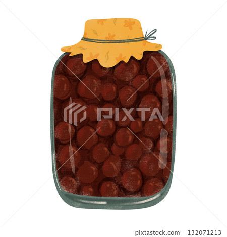 Delightful illustration cherry jam jar with vibrant yellow floral lid, tied with string For kids books, cozy kitchen decor, recipe designs, or seasonal crafts. For cards, prints, scrapbooking projects 132071213