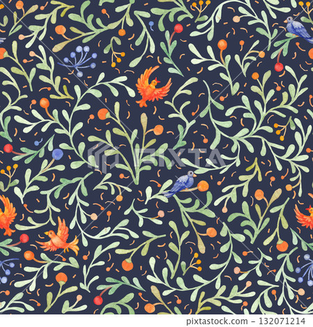 Delicate seamless watercolor pattern with branches, leaves, and birds, inspired by medieval miniatures 132071214