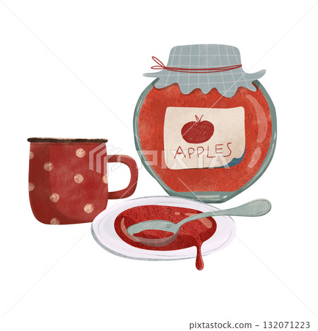 Adorable children's illustration of apple jam jar, red polka-dot mug, plate with jam, and spoon. Perfect for kids' books, kitchen decor, or fall recipes. Ideal for prints and crafts 132071223