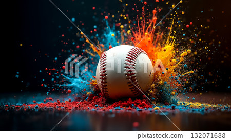 Baseball surrounded by vibrant splashes of color creating an energetic burst in an artistic display Baseball surrounded by vibrant splashes of color creating an energetic burst in an artistic display 132071688