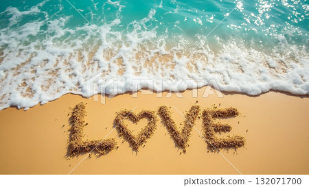 Words of love written in the sand by the ocean during a sunny day Words of love written in the sand by the ocean during a sunny day 132071700