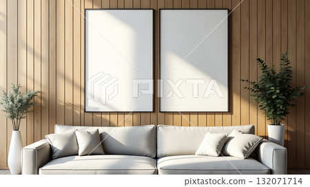 Modern living room decor with neutral colors, empty frames, and plants for a minimalist design aesthetic 132071714