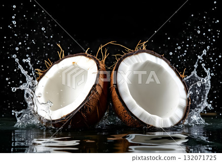 Coconuts split open with water splashing around in a dark setting during a culinary presentation Coconuts split open with water splashing around in a dark setting during a culinary presentation 132071725