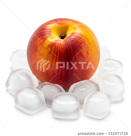 Juicy peach surrounded by ice cubes on a bright surface during a summer day Juicy peach surrounded by ice cubes on a bright surface during a summer day 132071726