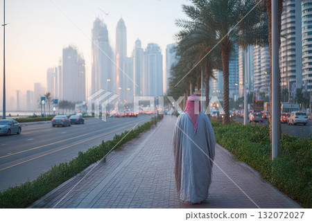 Arab man walking along a city sidewalk with modern skyscrapers and palm trees in the background Arab man walking along a city sidewalk with modern skyscrapers and palm trees in the background 132072027