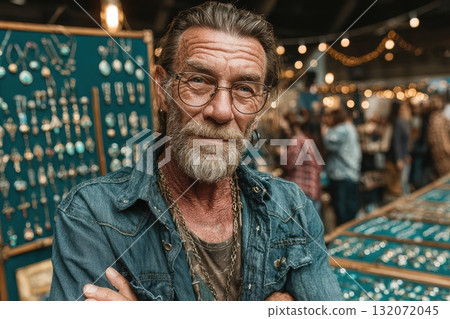 Mature man with glasses and beard poses confidently at a jewelry market showcasing unique designs 132072045