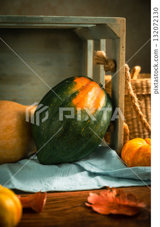 Green squash, rustic wooden moody background, autumn concept Green squash, rustic wooden moody background, autumn concept 132072130