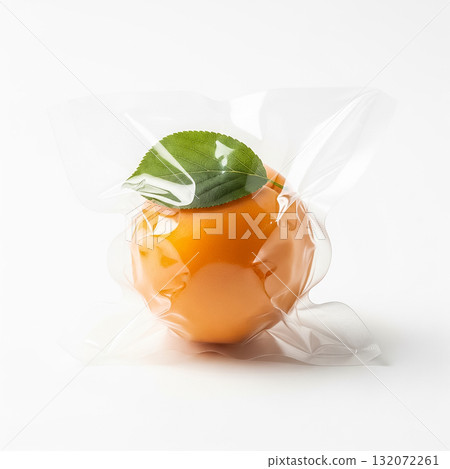 Fresh orange fruit wrapped in clear plastic with a green leaf resting on top for presentation and protection 132072261