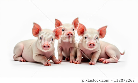 Three adorable piglets sitting together looking curiously at the camera on a white background 132072262