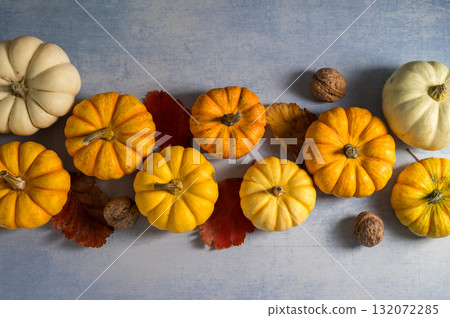 Autumn pumpkins squashes and leaves. Thanksgiving day or Halloween. Autumn background 132072285