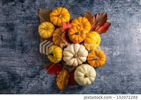 Autumn background. Orange and white mini pumpkins over blue background. Top view 132072288