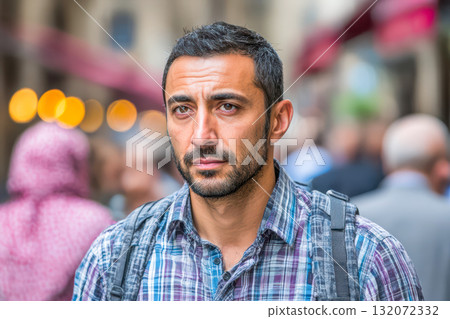 Middle Eastern man with beard wearing plaid shirt in a bustling urban environment 132072332