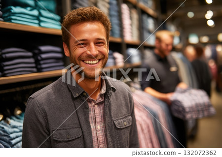 Smiling man in casual attire shopping in clothing store with shelves 132072362