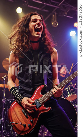 Energetic guitarist rocking out on stage. A male guitarist with long hair energetically plays a red electric guitar on stage. Energetic guitarist rocking out on stage. A male guitarist with long hair energetically plays a red electric guitar on stage. 132072550