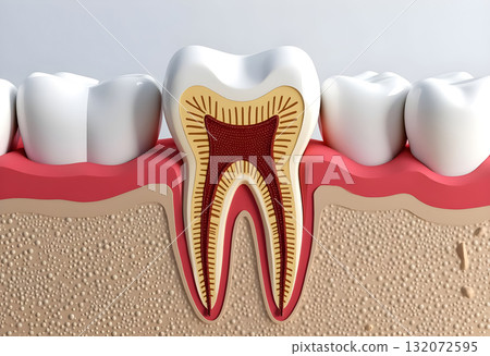 Dental anatomy illustration showing healthy teeth structure and root canal system for educational purposes 132072595