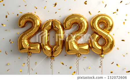 Celebration of the new year 2028 with golden balloons and festive confetti 132072606