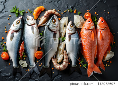Fresh seafood assortment displayed on a dark slate background, showcasing a variety of fish and shrimp with garnishes 132072607