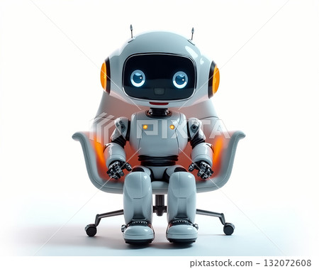 Friendly robot relaxing in a modern chair, showcasing advanced technology and design in a bright studio setting 132072608