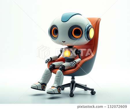 Cute robot character sitting on a swivel chair in a modern, minimalist design setting with bright lighting 132072609