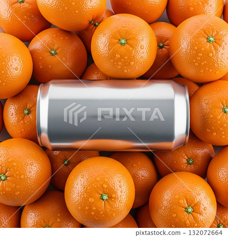 Fresh oranges and a shiny can create a vibrant and colorful display on a white background 132072664